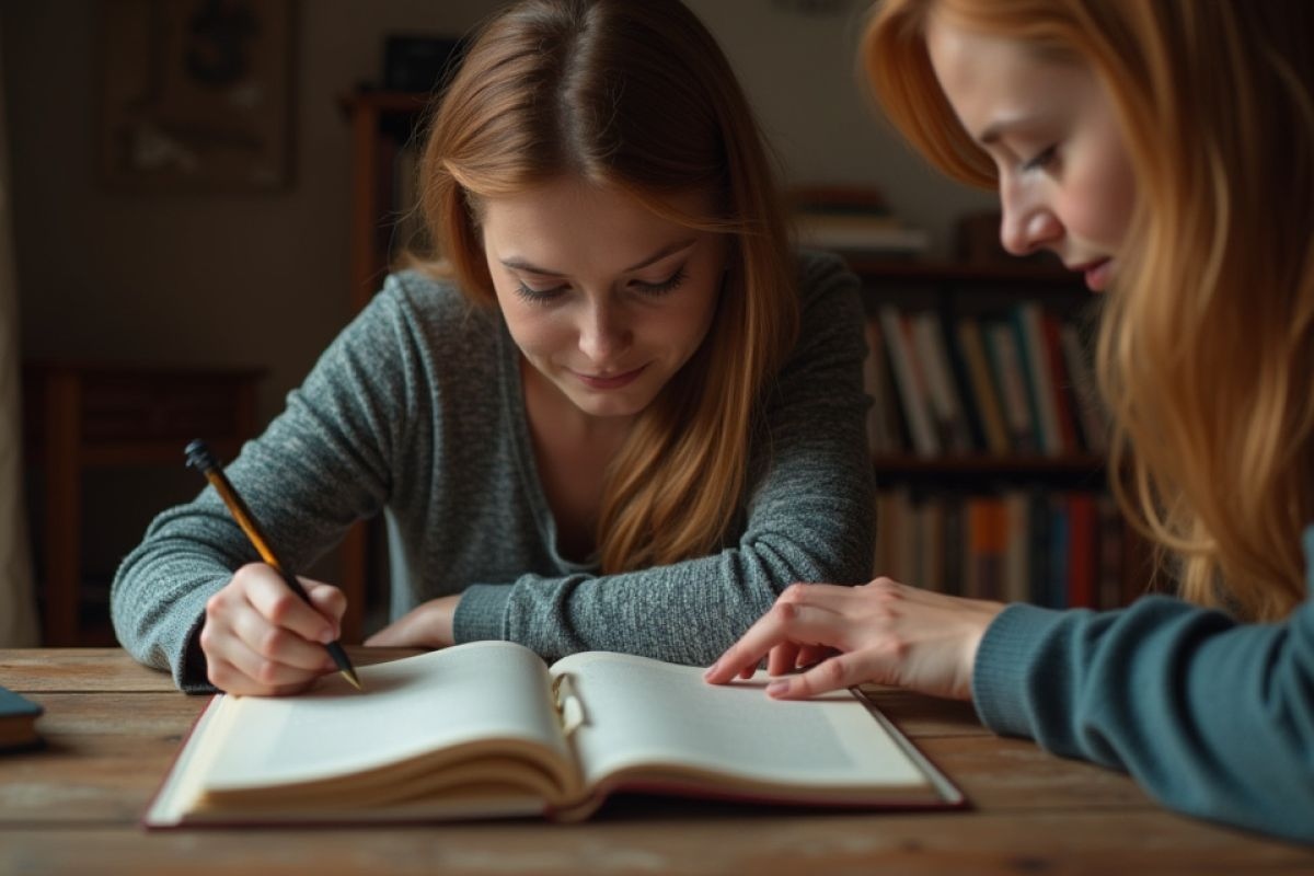 Due donne intente a scrivere e leggere un libro
