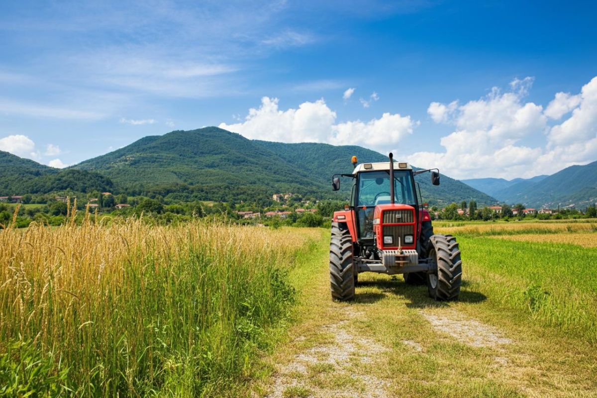 L'immagine di un trattore nella Pianura Padana veneta sotto i colli Euganei